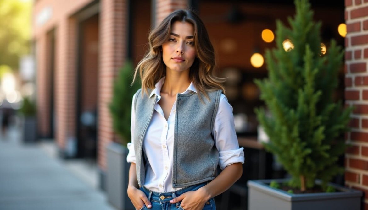 Jeune femme élégante portant un gilet gris en laine sans manches sur une chemise blanche, dans une rue commerçante.