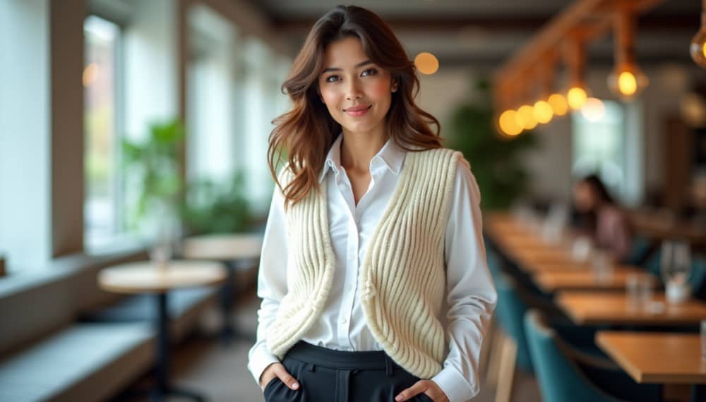 Femme souriante portant un gilet en tricot crème sur une chemise blanche dans un café.